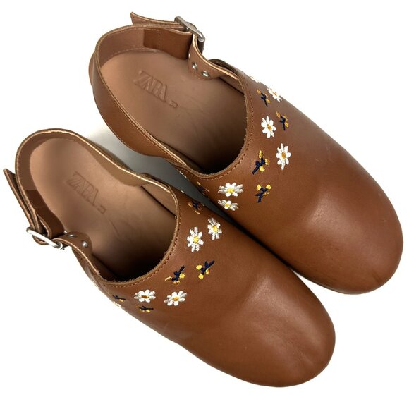 Zara Embroidered Leather and Wooden Clogs Brown Tan Size 38 7.5-8 - Picture 6 of 9
